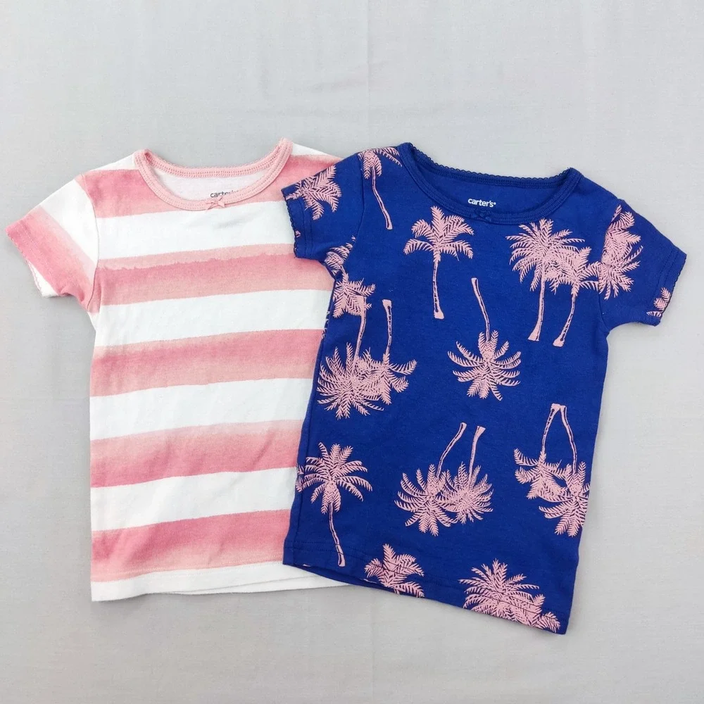 Carter's T-Shirt Girls 3T Blue Pink Palm Tree Stripe 2 Pack Bundle Short Sleeve